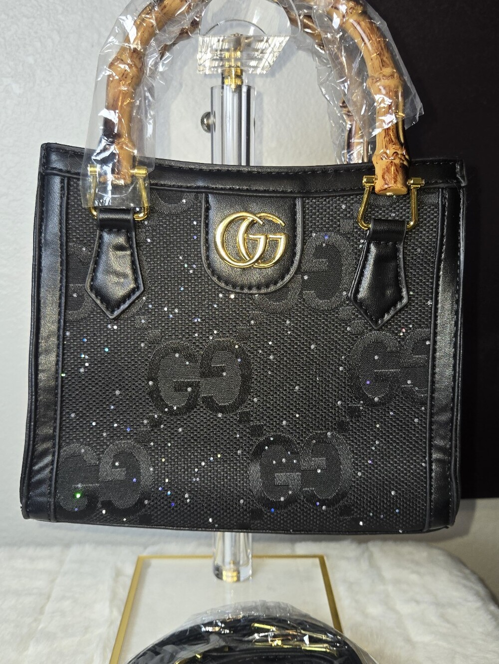 Black GG-Style Top Handle Tote with Gold Hardware